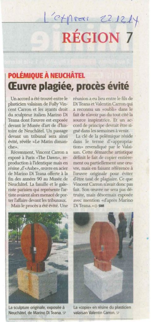Article de Presse : Valentin Caron œuvre plagiée procès évité