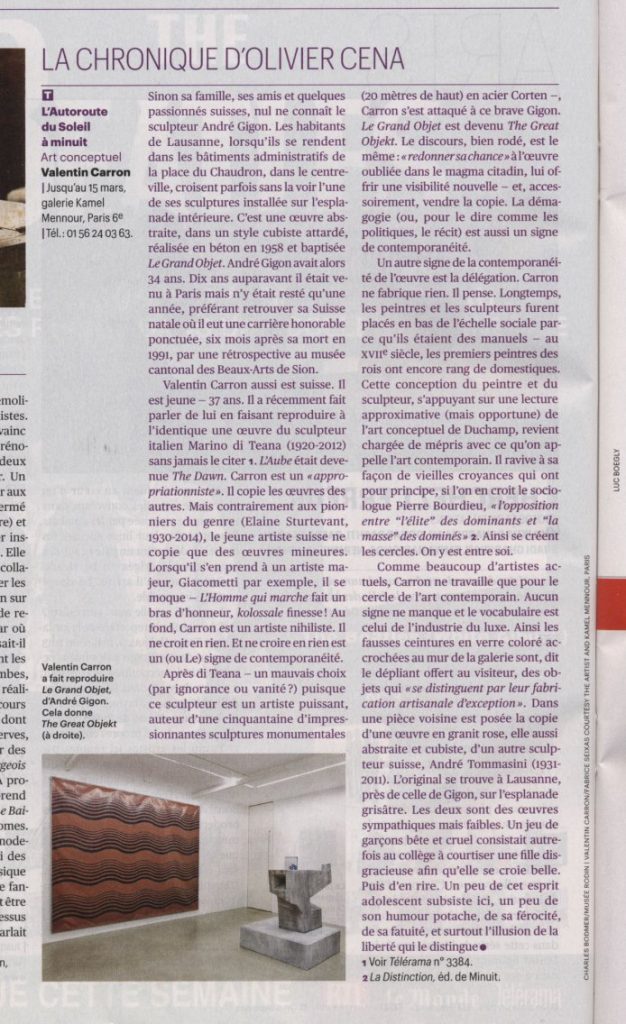 Article de Presse : Valentin Carron copie les œuvres des autres